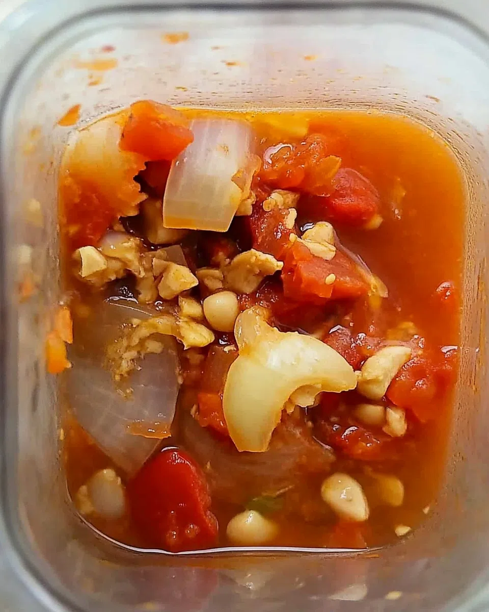 Sautéed onion and tomato mixture in a blender jar.