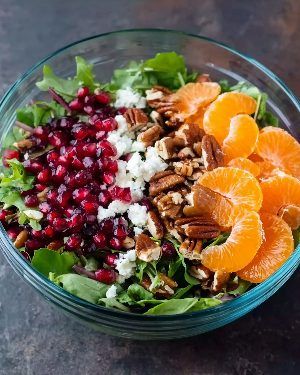 Christmas pomegranate salad packed with fresh greens, perfect for winter salads for parties.