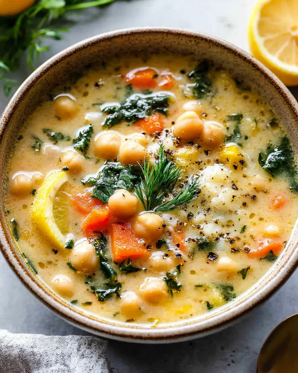 Bowls of chickpea soup with lemon wedge garnishes on the side