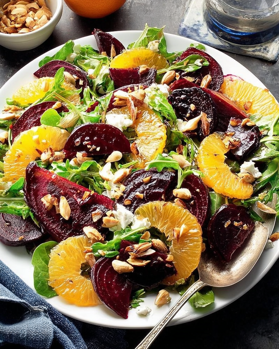 Winter beet salad with roasted beets, arugula, citrus, and feta in a ceramic salad bowl