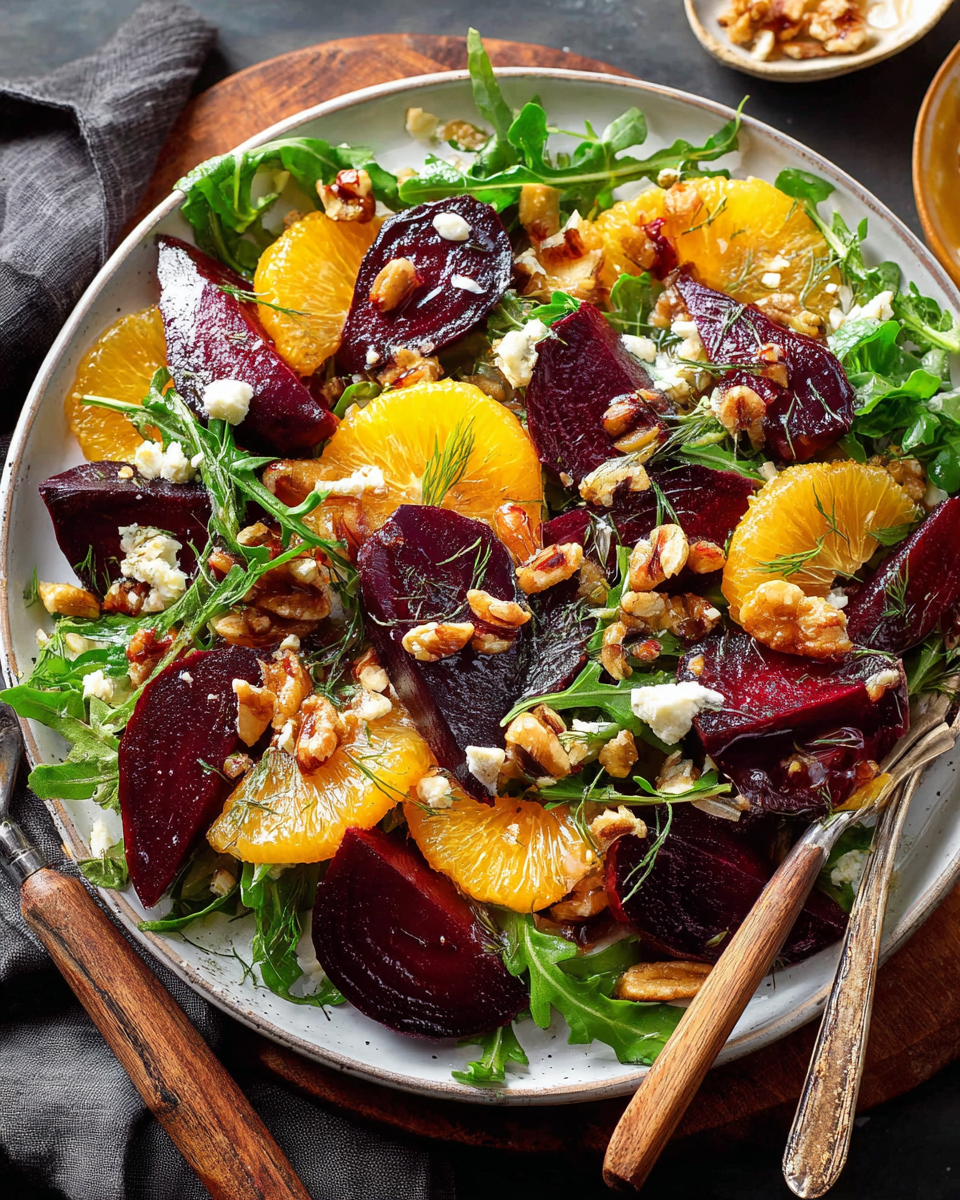 Roasted winter beet salad with pistachios and goat cheese on a festive table