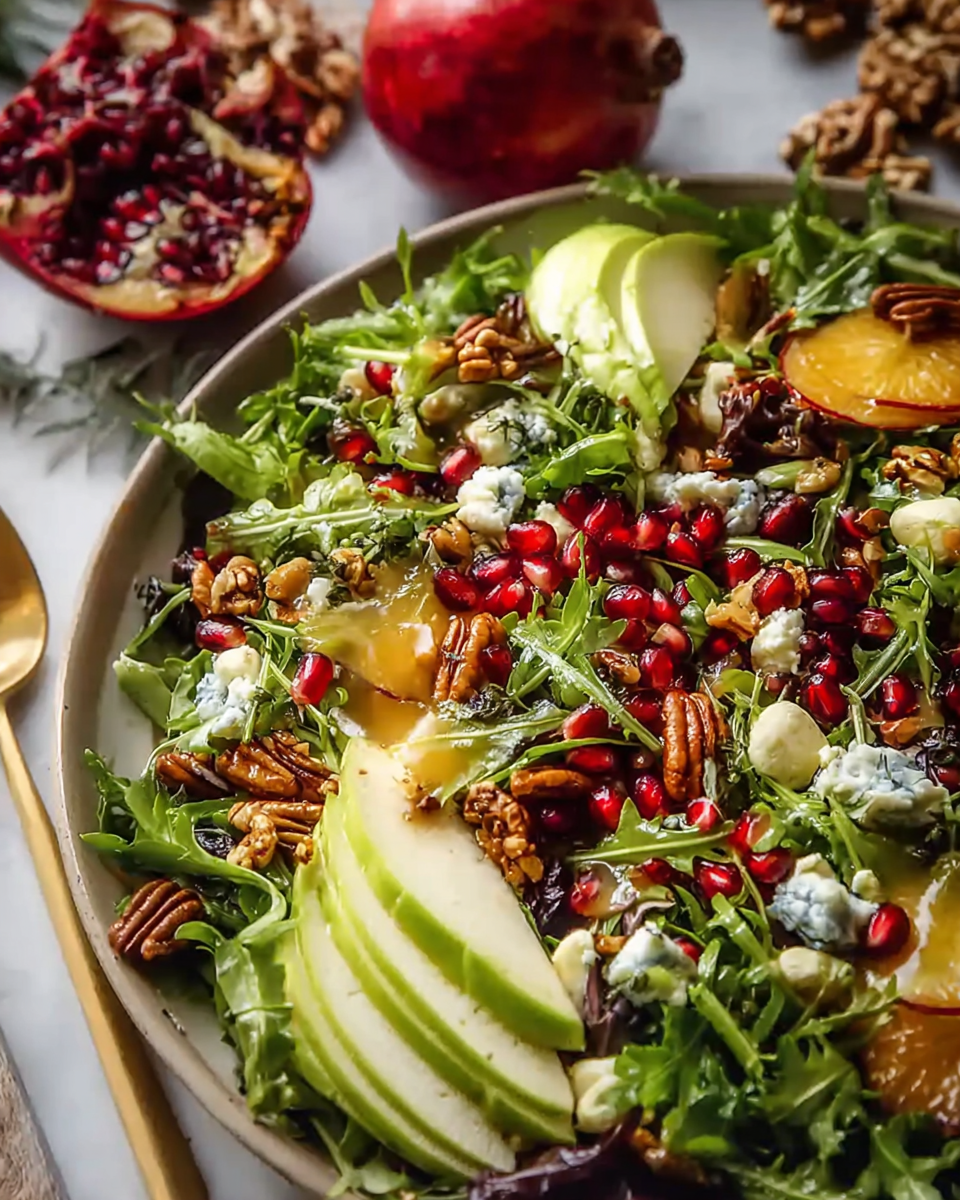 Winter Christmas salad served in a festive salad bowl with seasonal vegetables