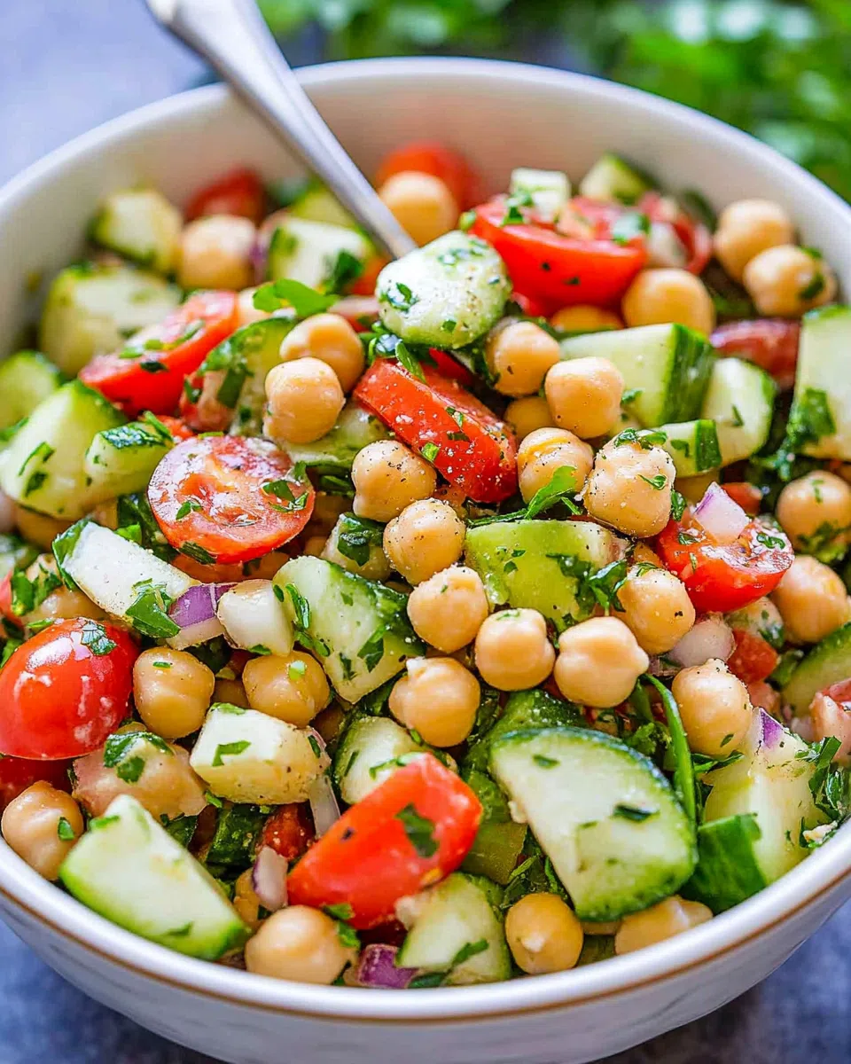 Chickpea Salad Recipe in a bowl with avocados, tomatoes, chickpeas and feta cheese
