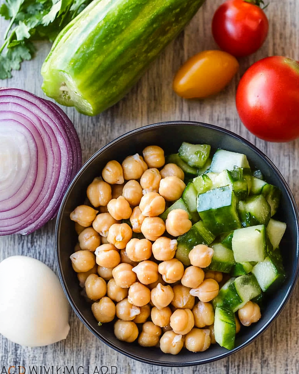 Chickpea Salad loaded with crisp cucumbers, juicy tomatoes, creamy avocado, feta cheese and chickpeas or garbanzo beans. Fresh, healthy and protein packed! #chickpeasalad #garbanzobeansalad #chickpeas #chickpeasaladrecipe #salad #saladrecipe #fetacheese #tomatosalad #avocadosalad #greeksalad #mediterraneansalad #natashaskitchen
