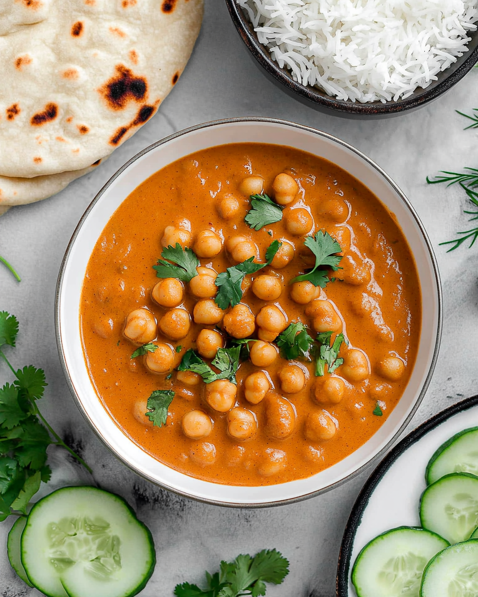 Chickpea tikka masala garnished with fresh cilantro in a serving bowl and served with whole wheat naan, plain rice, and cucumber slices on the side.