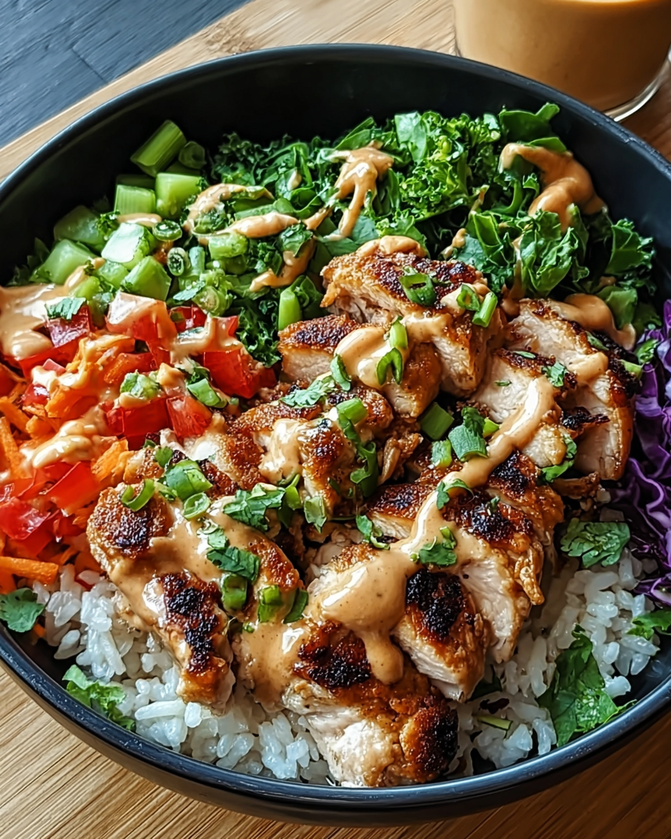 Thai peanut chicken bowl with rice and creamy peanut sauce