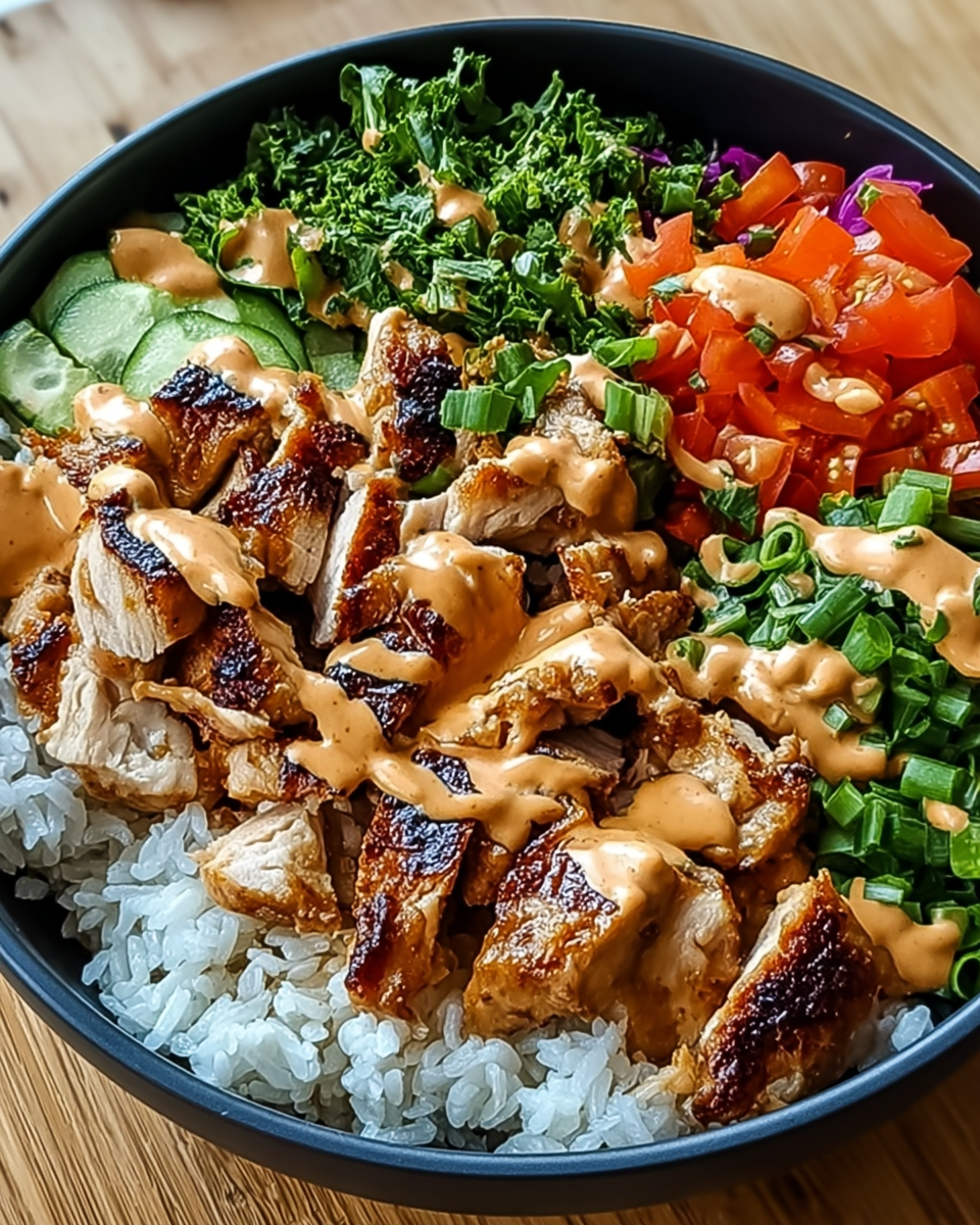 Healthy Thai chicken bowl with veggies and peanut sauce