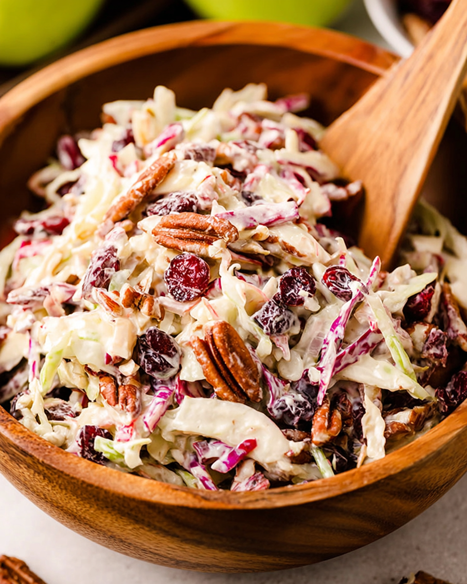 Cranberry pecan slaw in a wooden bowl