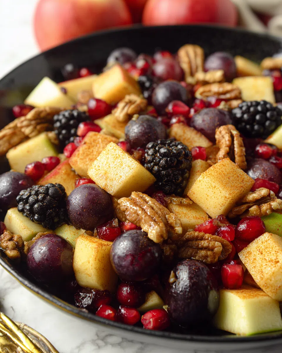 Fresh fruit salad recipe made with fall fruits and warm cinnamon dressing.