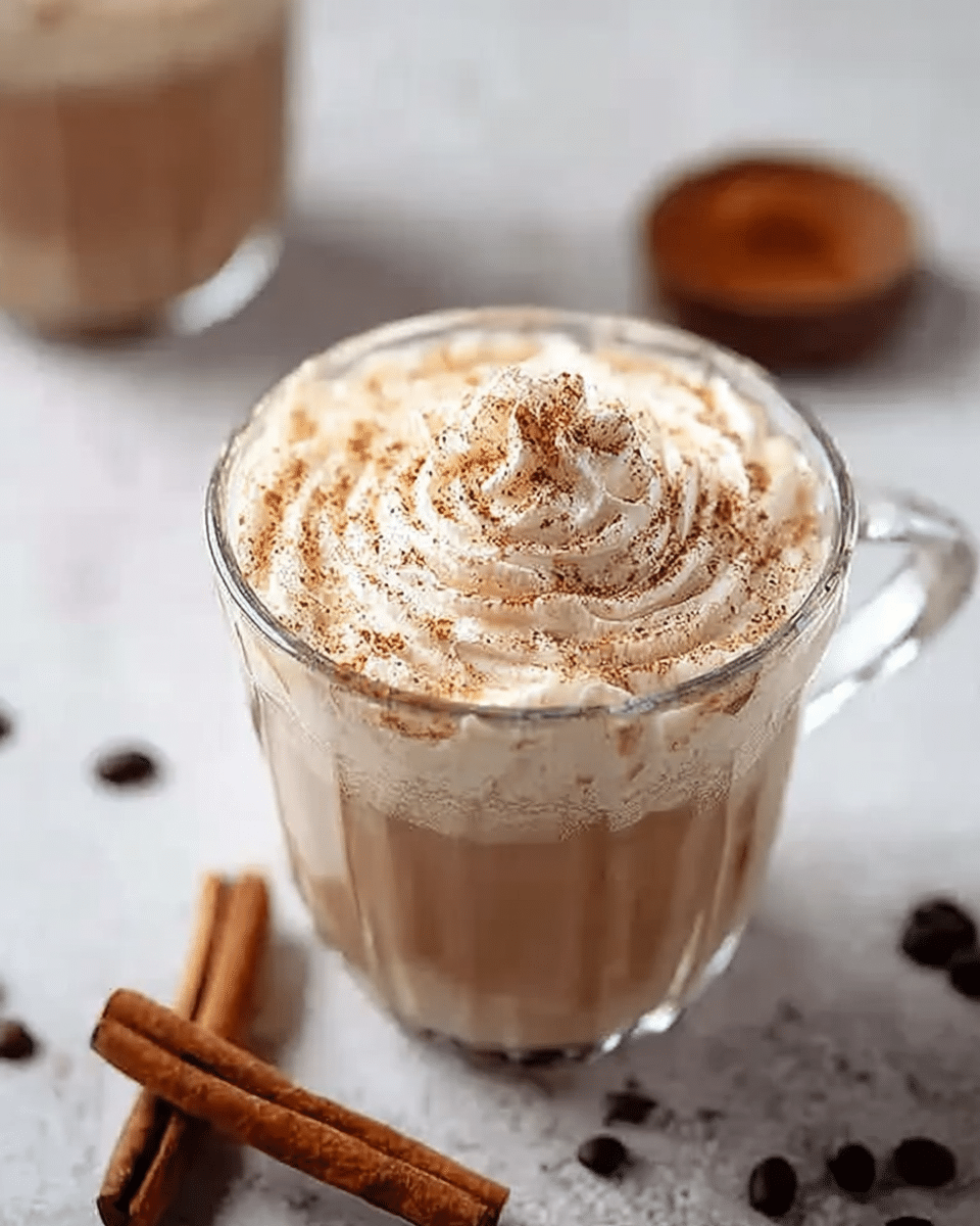 Creamy vanilla cinnamon latte in a glass mug