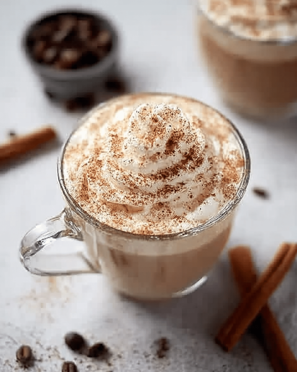 Vanilla cinnamon latte topped with whipped cream and cinnamon