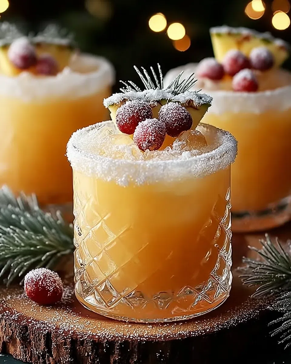 Snowy pineapple punch served in a frosted glass with festive winter garnish