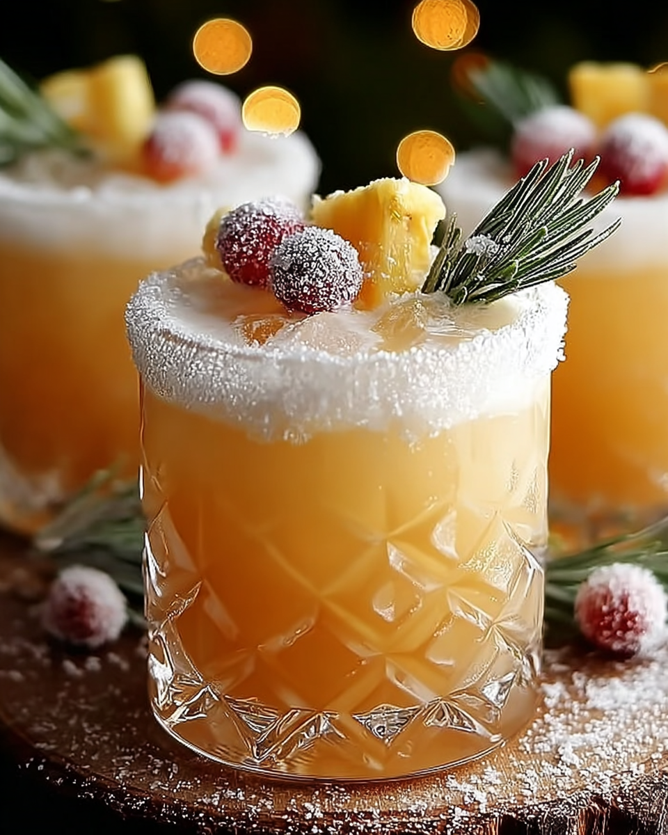 Holiday snowy pineapple punch drink with pineapple slice and sugared cranberries