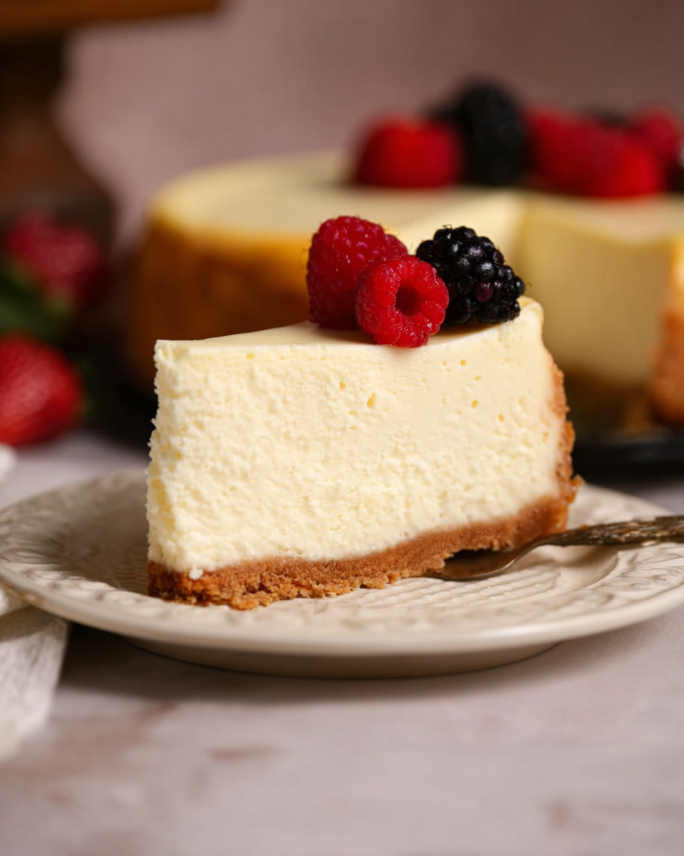 Smooth, dense Classic New York Cheesecake with golden edges and perfect Cheesecake Aesthetic styling.