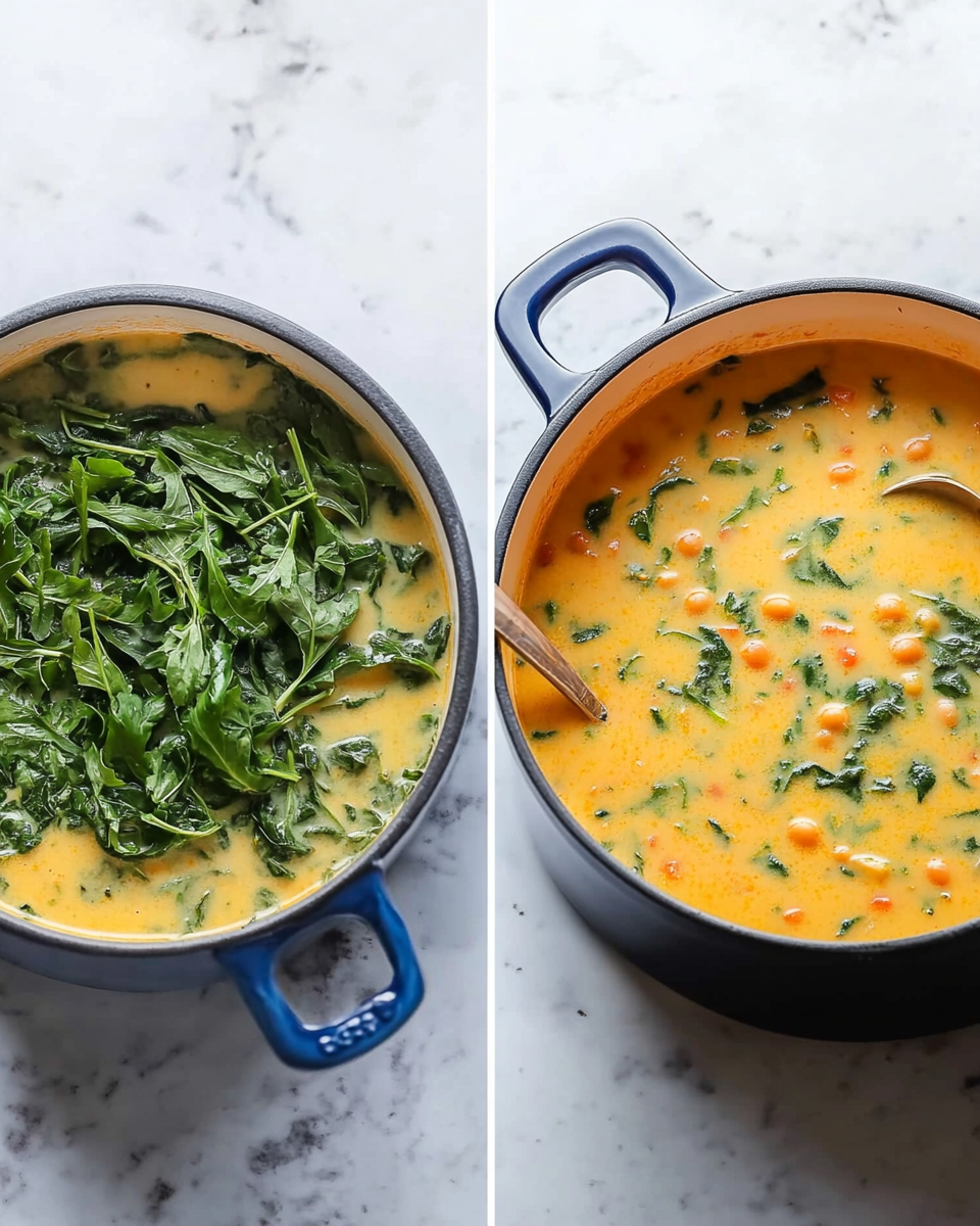 Kale being stirred into a pot of soup