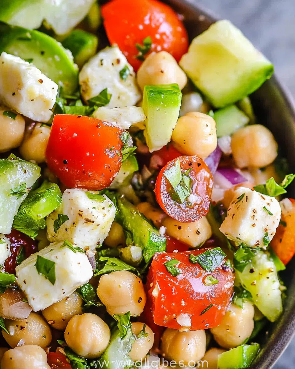 Chickpeas and garbanzo beans tossed with tomatoes, avocados, cucumber and red onion