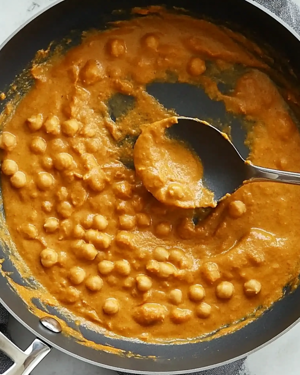 Chickpea tikka masala in a skillet with a serving spoon.