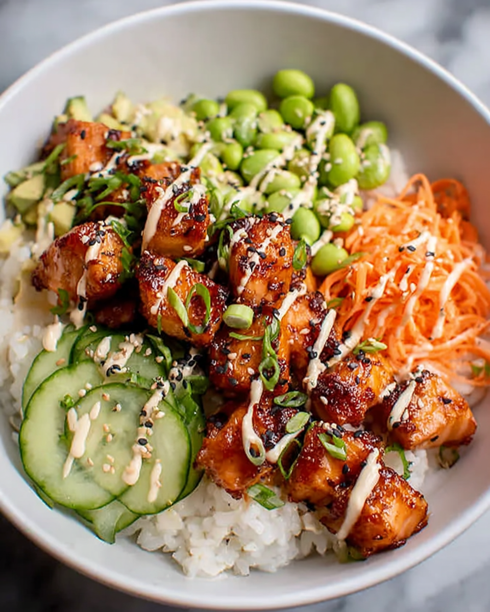 Salmon rice bowl with sweet and spicy salmon served over rice with avocado