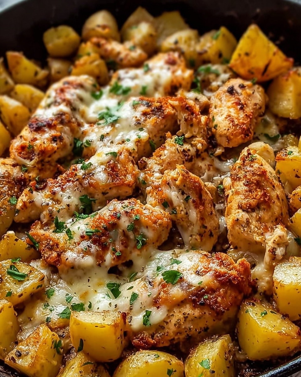 Plate of garlic parmesan chicken and potatoes baked until golden with herbs and crispy edges.