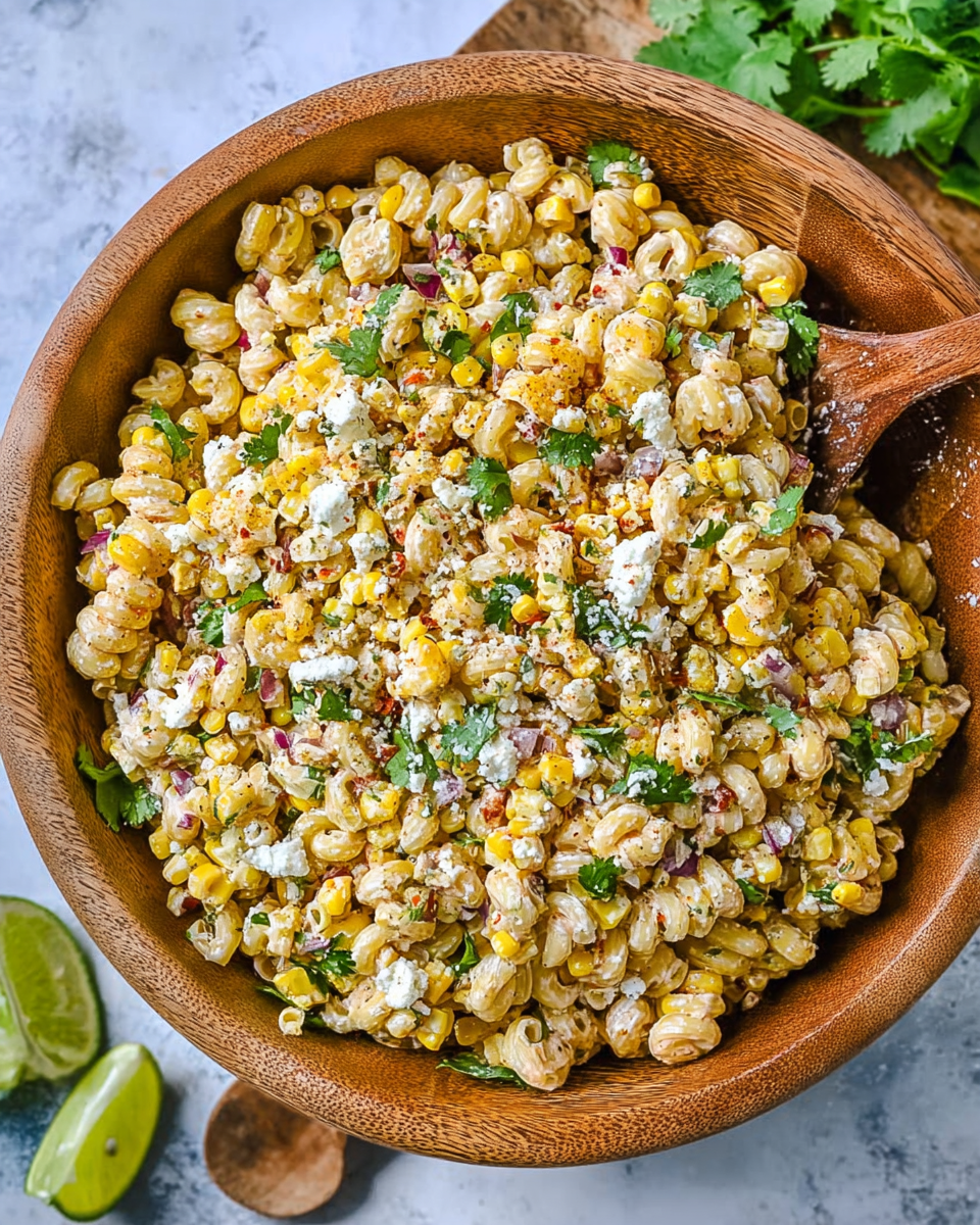 Creamy Mexican Street Corn Pasta Salad with pasta, chili powder, and cotija for a healthy street corn pasta salad meal prep option.