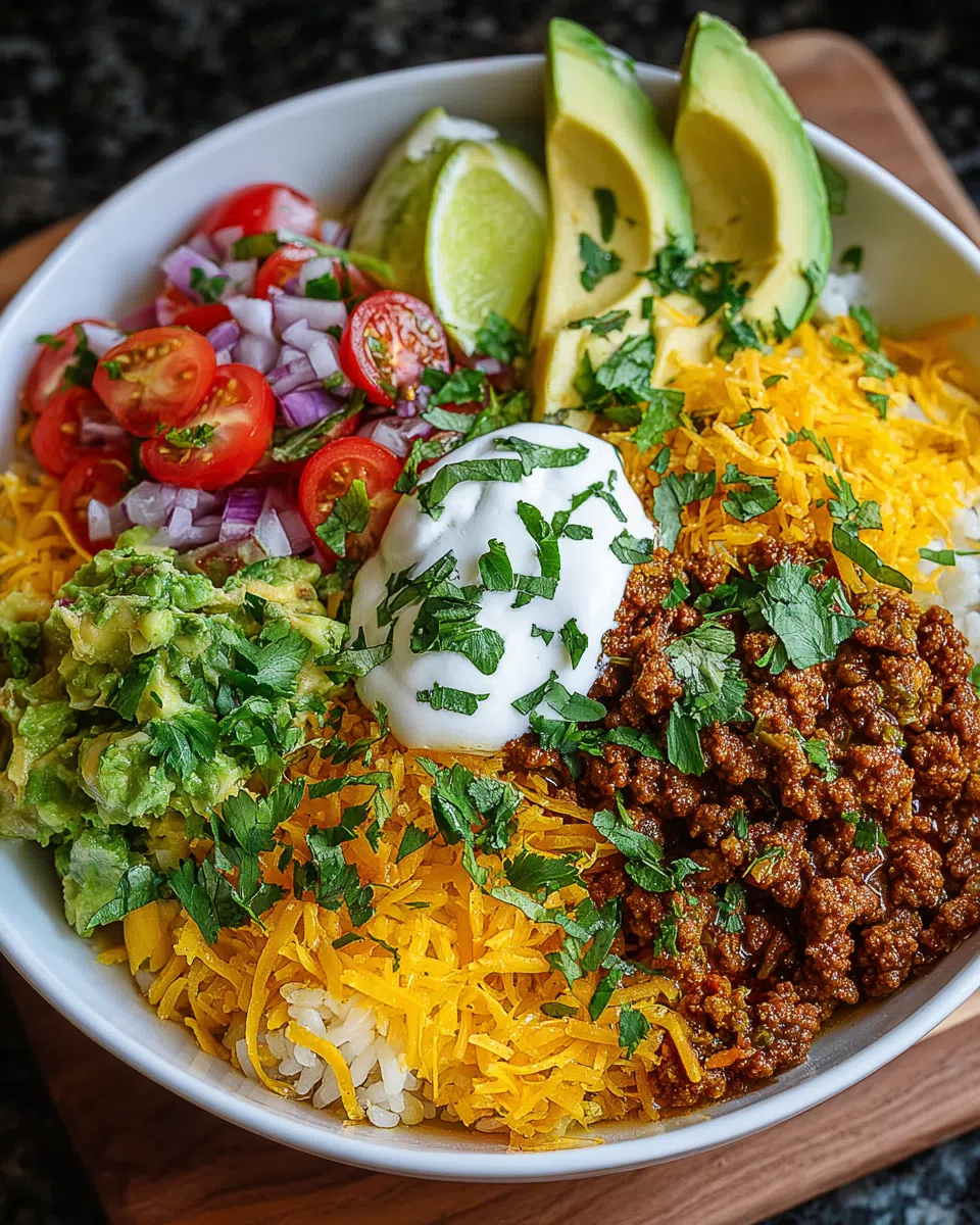 Taco rice bowl with seasoned beef, cheese, and fresh Tex-Mex toppings