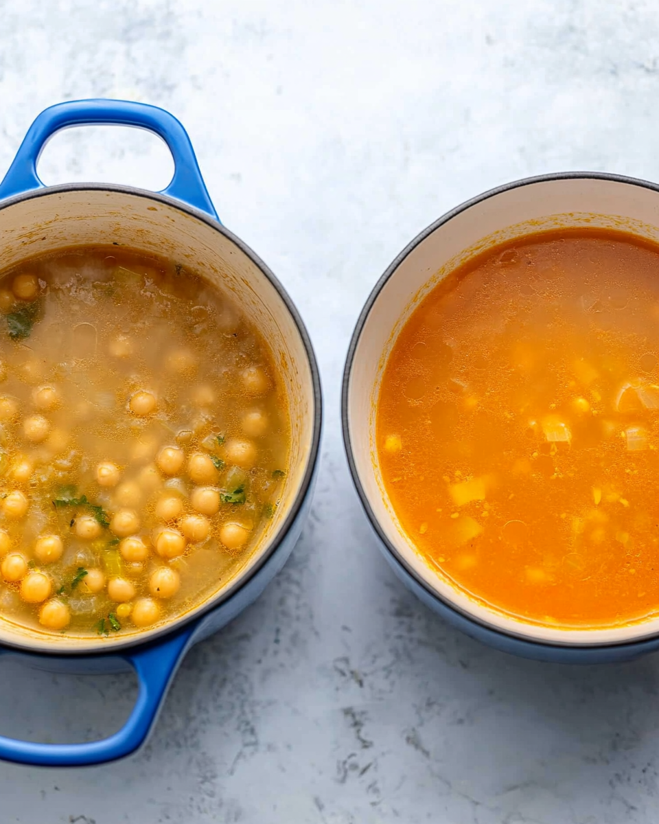 Broth, chickpeas, and orzo being simmered in a blue Dutch oven