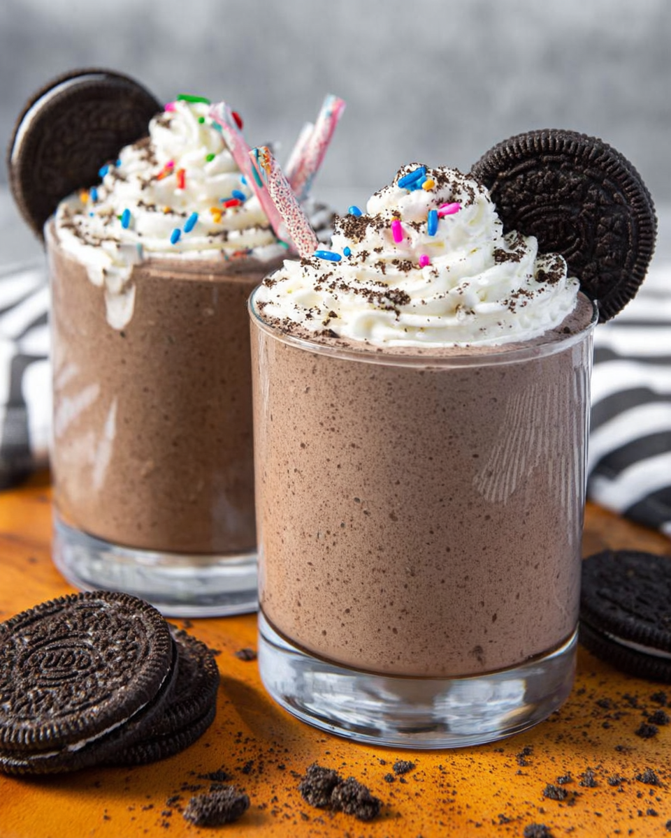Two glasses of Oreo chocolate milkshake on wooden board