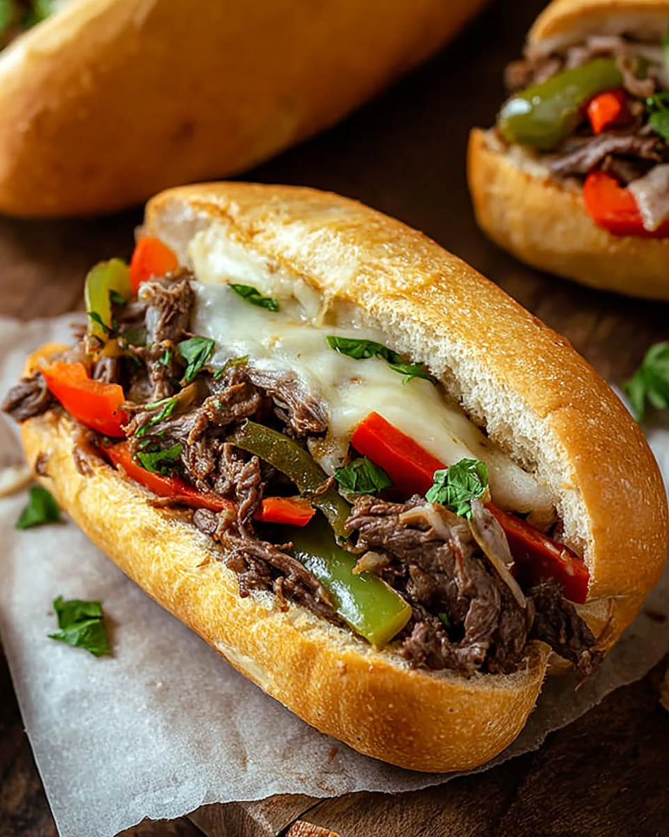 Easy Philly Cheese Steak served in a soft roll with melted cheese.