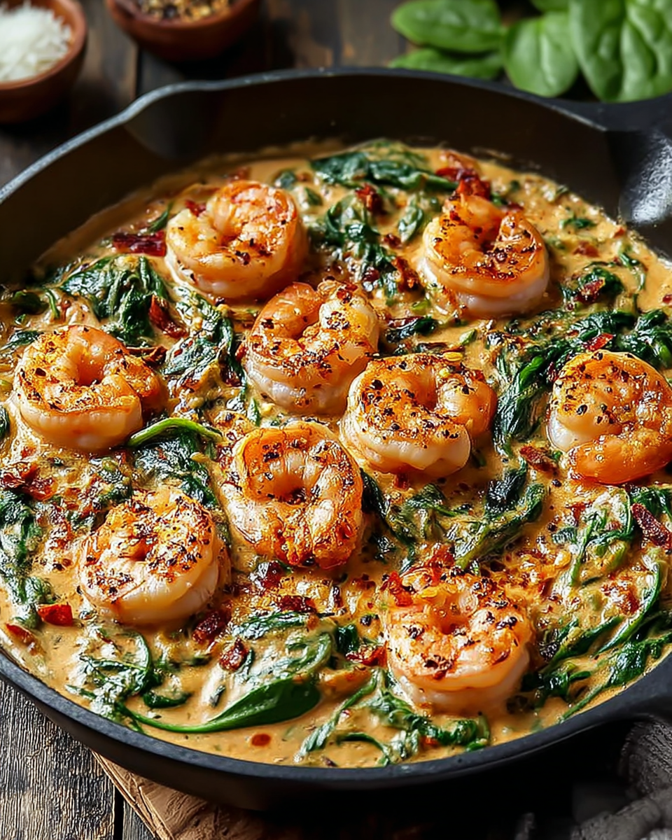 Tuscan-style shrimp simmered in garlic cream sauce