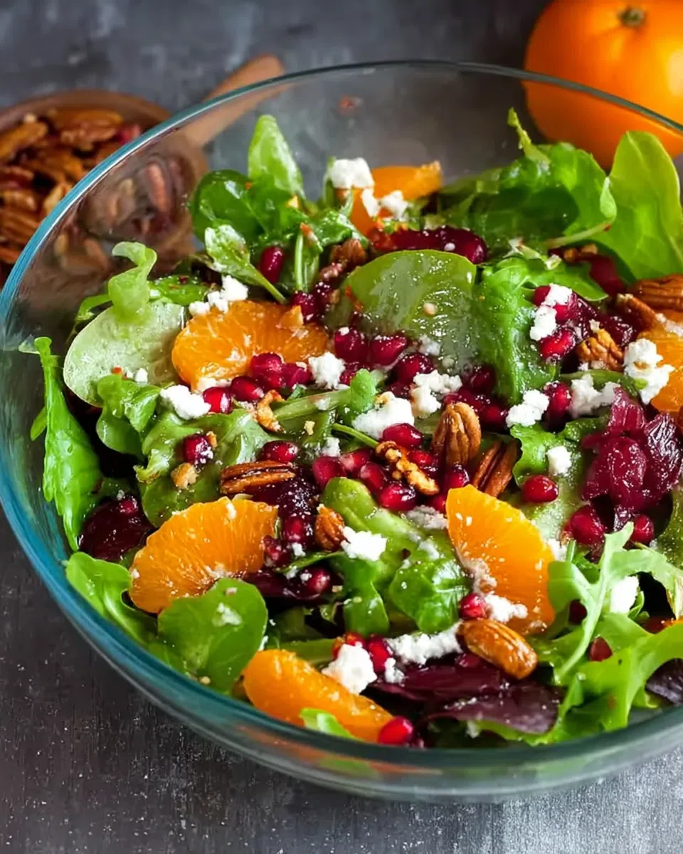 A vibrant winter salad bowl featuring citrus, pomegranate, and winter greens for a holiday table.