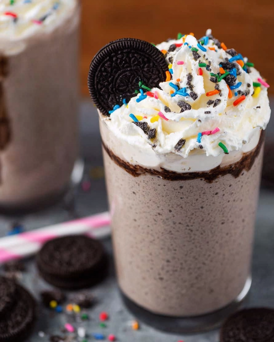 Close-up of Oreo milkshake with whipped cream and Oreo cookie