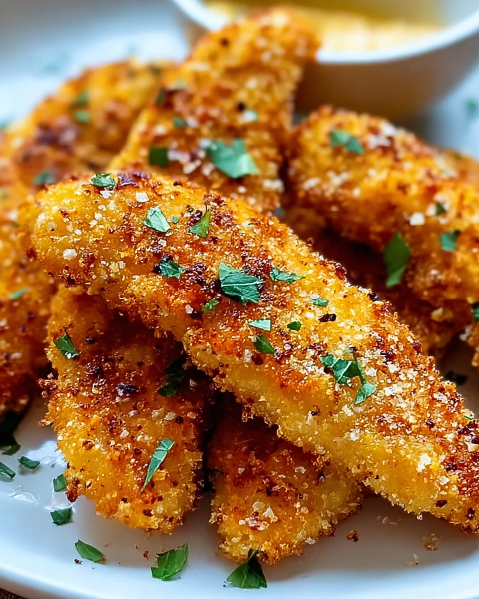 Close-up of crispy oven baked chicken strips, great for Chicken Breast Tender Recipes and Chicken Tender Ideas.