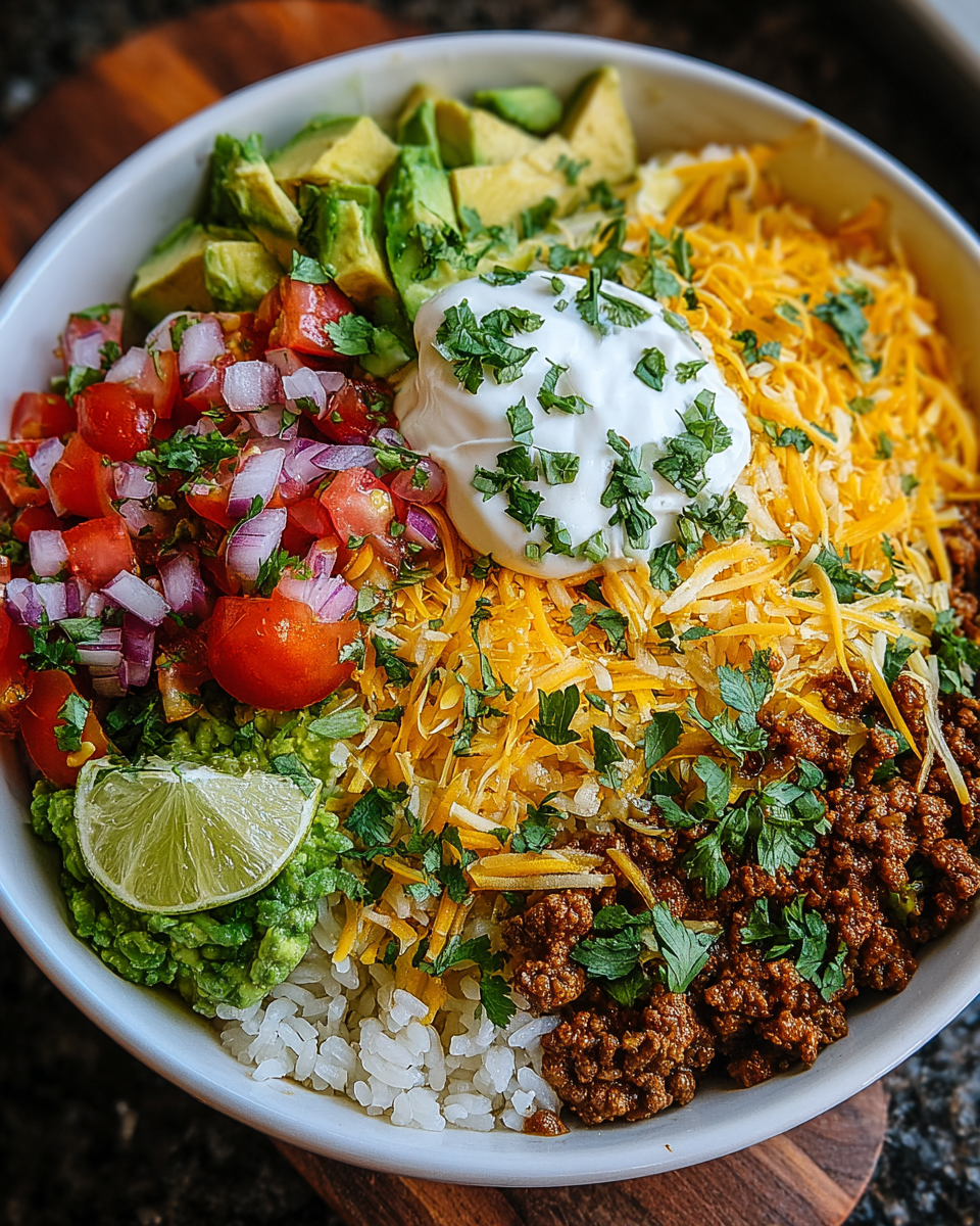 Taco rice bowl with seasoned beef, rice, cheese, lettuce, and salsa