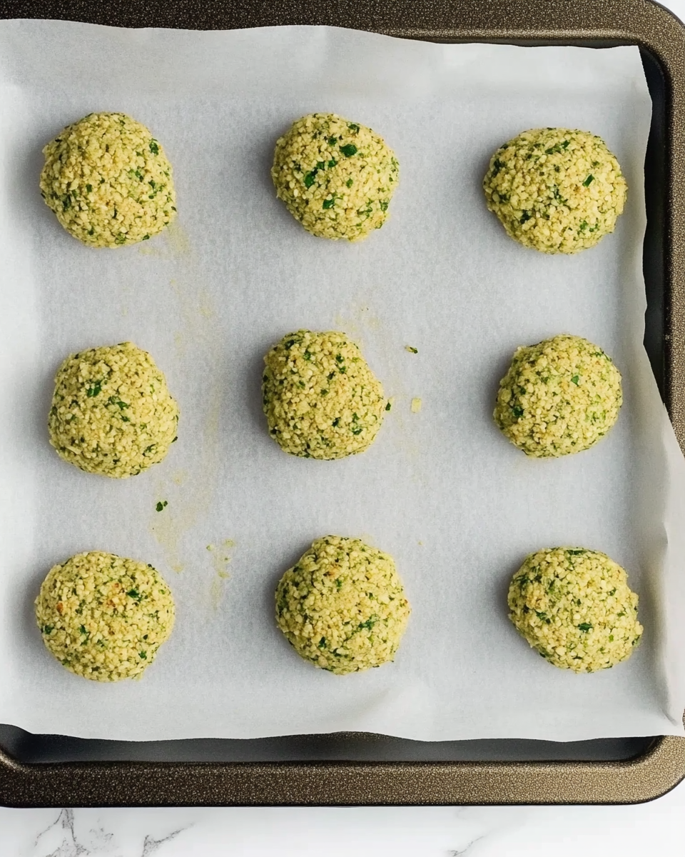 a baking sheet lined with parchment paper holding uncooked falafel balls