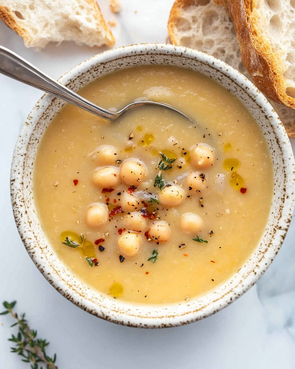Top view of a bowl full of vegan garlic chickpea soup with a spoon served with crusty bread.