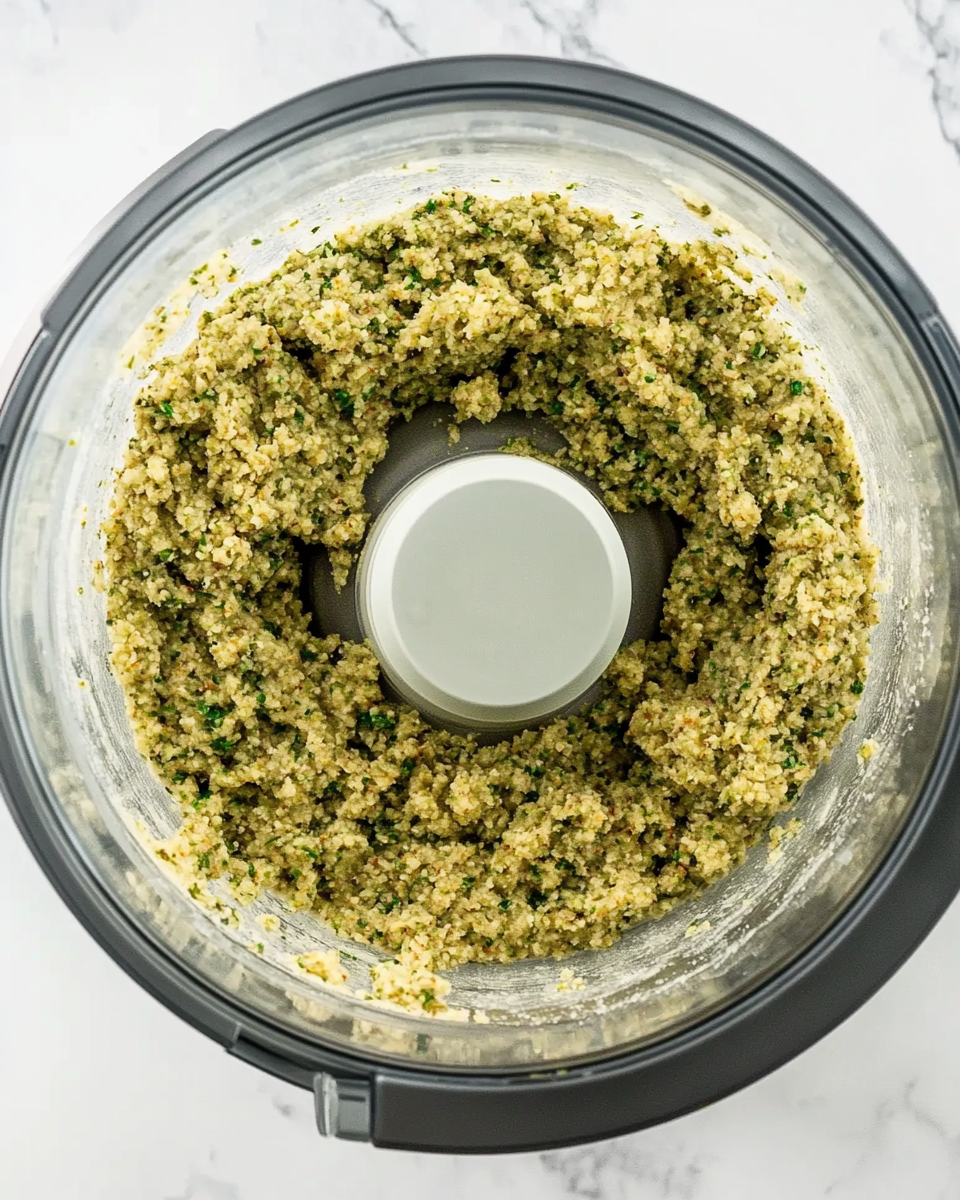 a food processor containing processed falafel dough