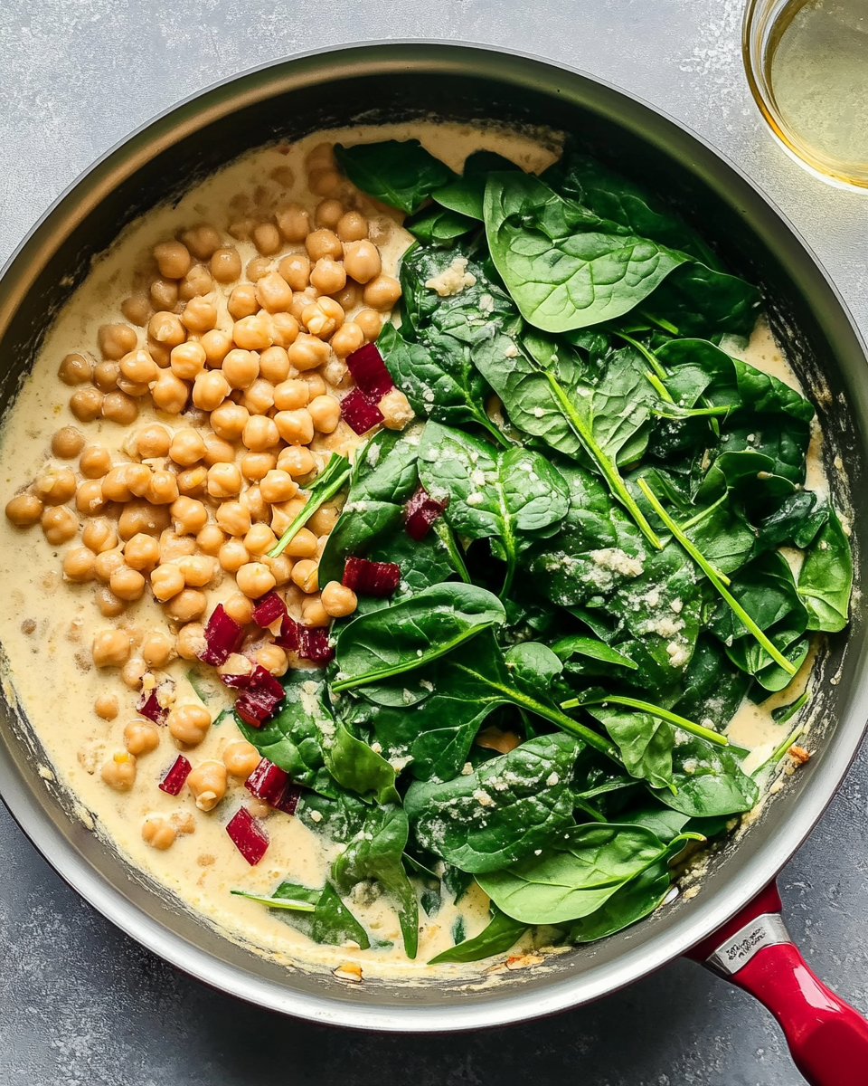 fresh spinach in a large pan with chickpeas and cream sauce.