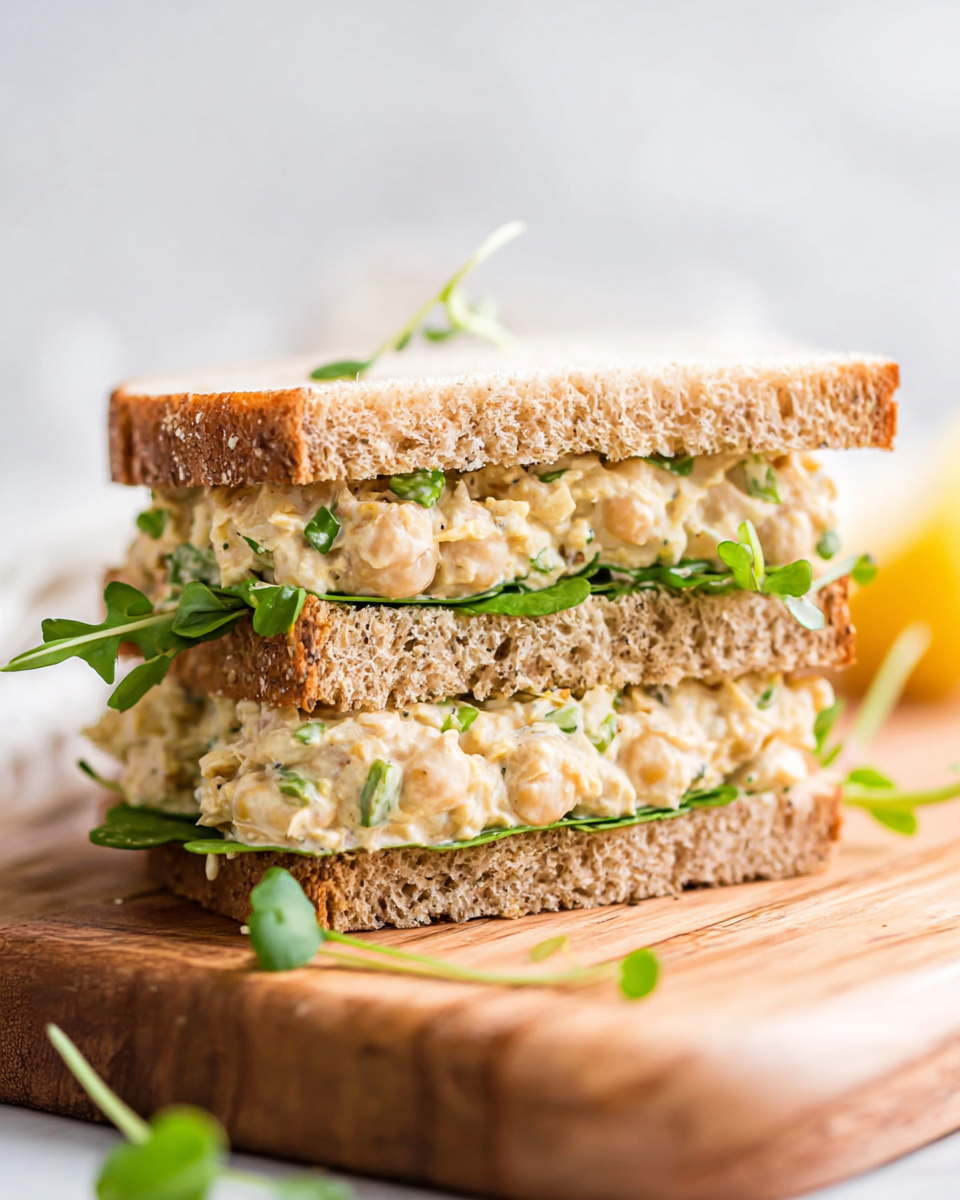 Chickpea salad sandwich on a wooden board.