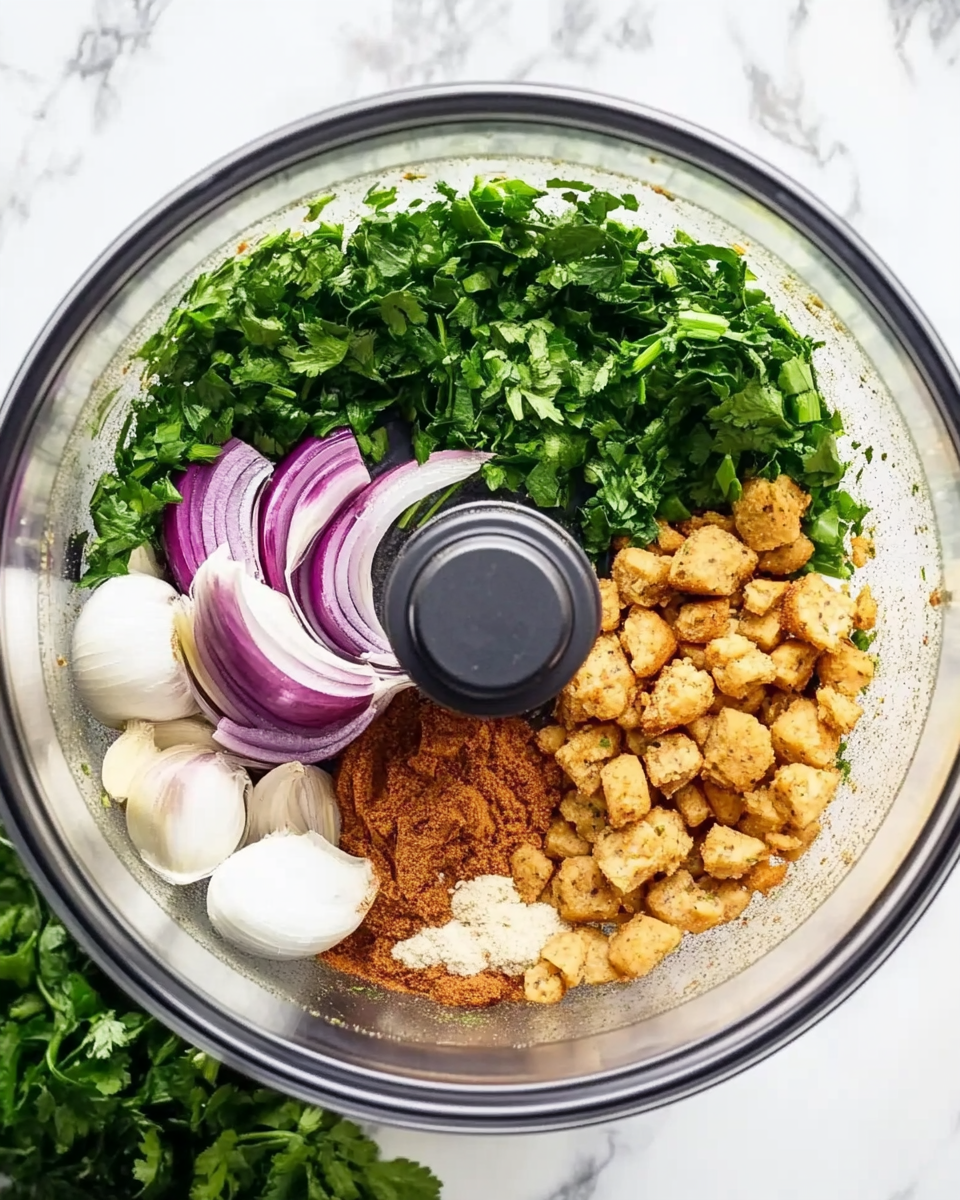 a food processor containing the ingredients for homemade falafel