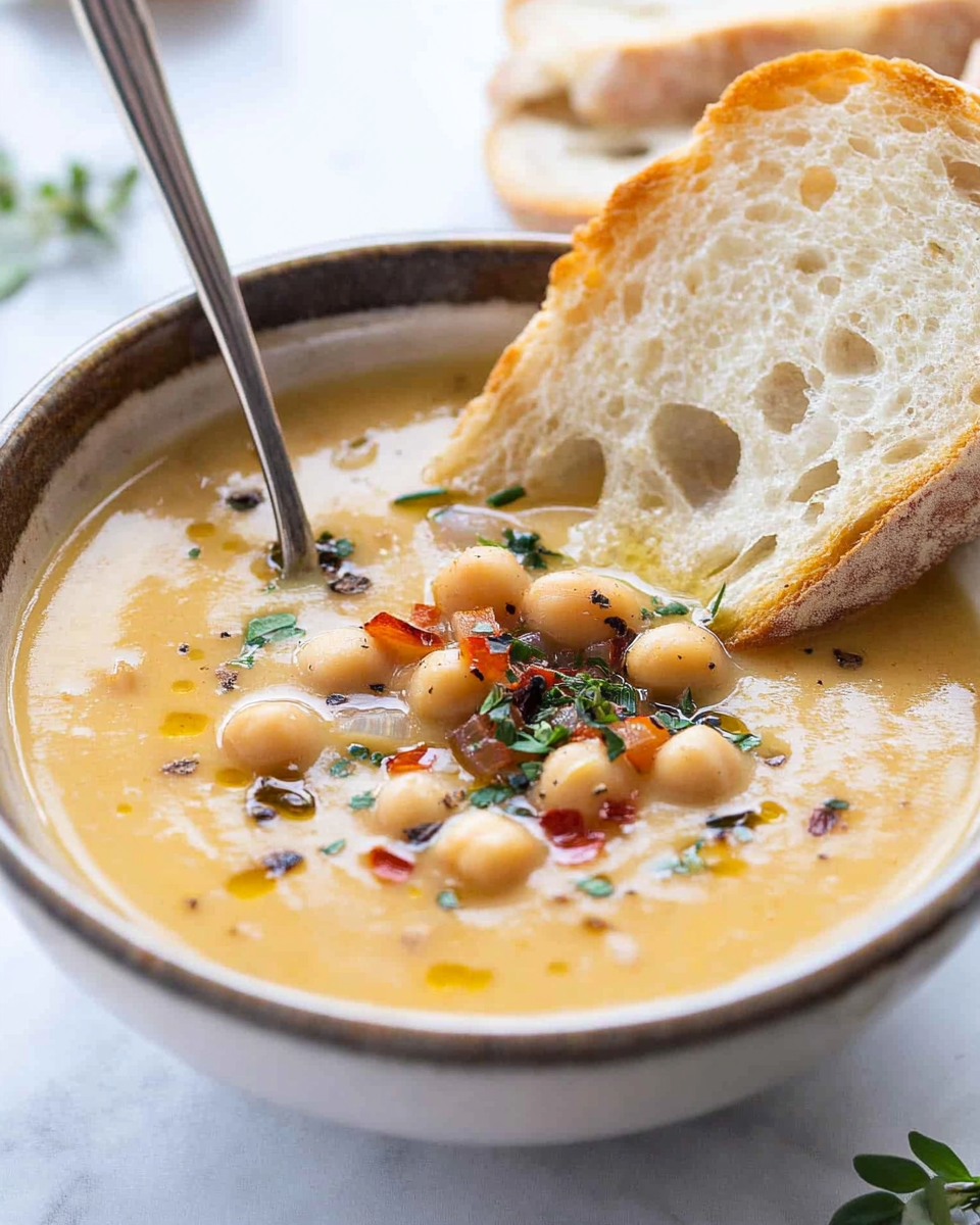 Close-up of a bowl full of vegan garlic chickpea soup with a spoon and a slice of crusty bread.