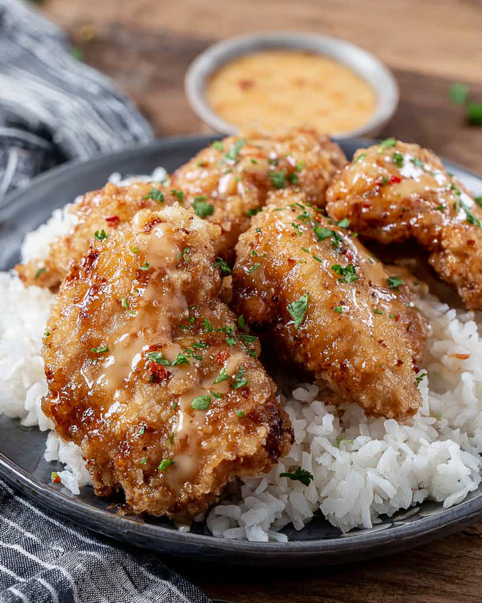Plated Bang Bang Chicken that is Crispy on a Bed of Rice on a Wooden Table.