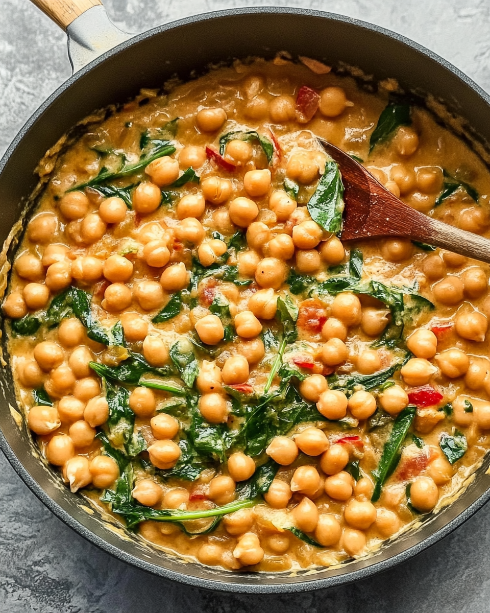a wooden spoon stirring a batch of Marry Me Chickpeas in a large skillet.