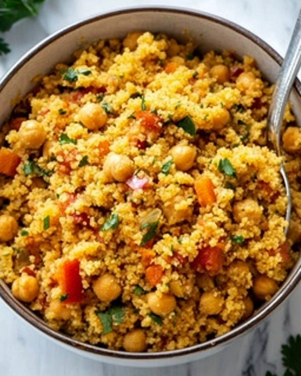 Spiced couscous with chickpeas in a bowl