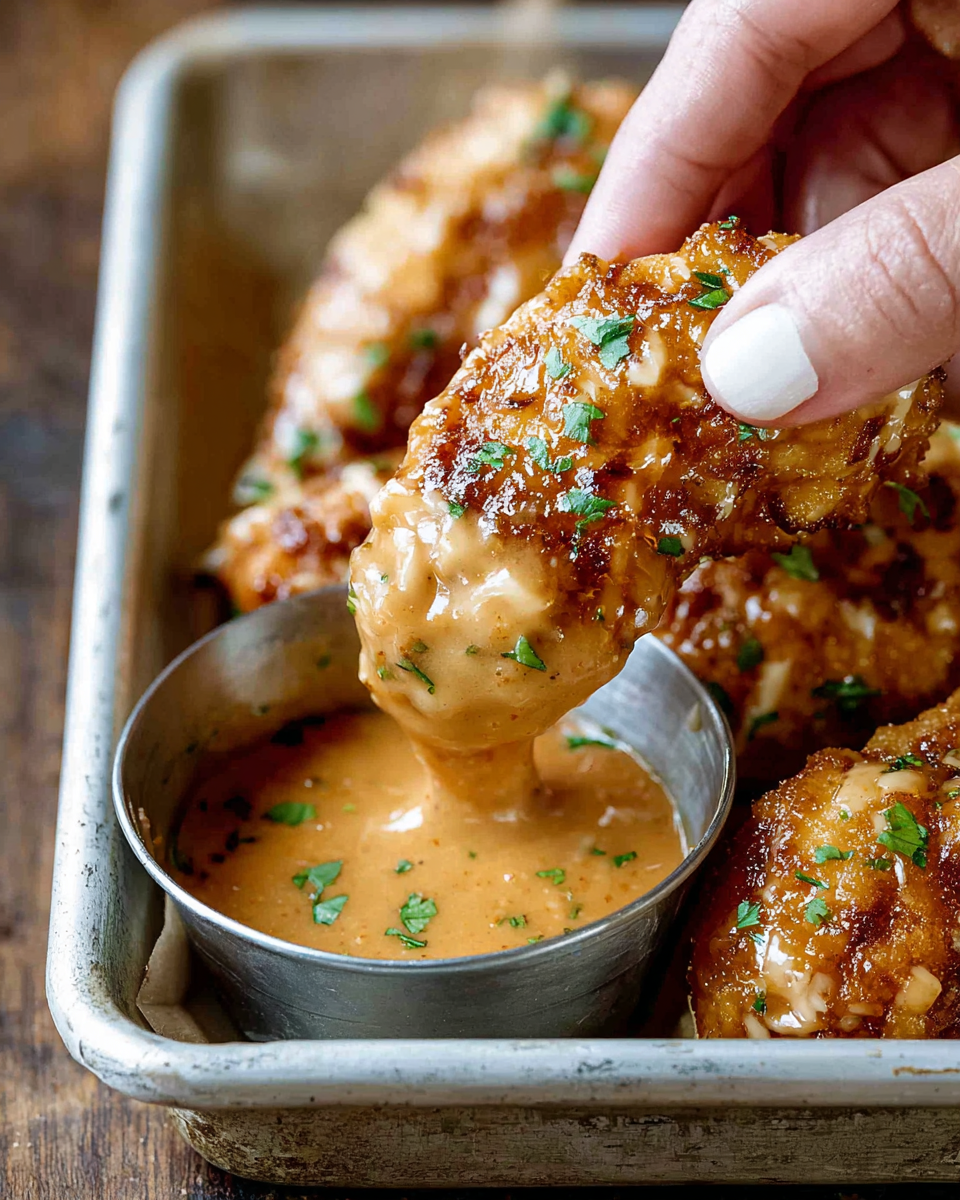 Hand Dipping a Bang Bang Chicken Tender into Bang Bang Sauce.