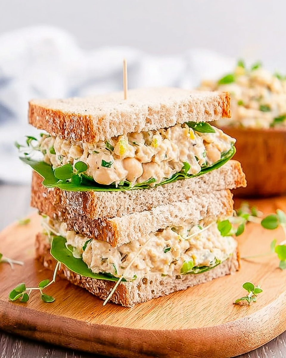 Chickpea salad sandwich on a wooden board.