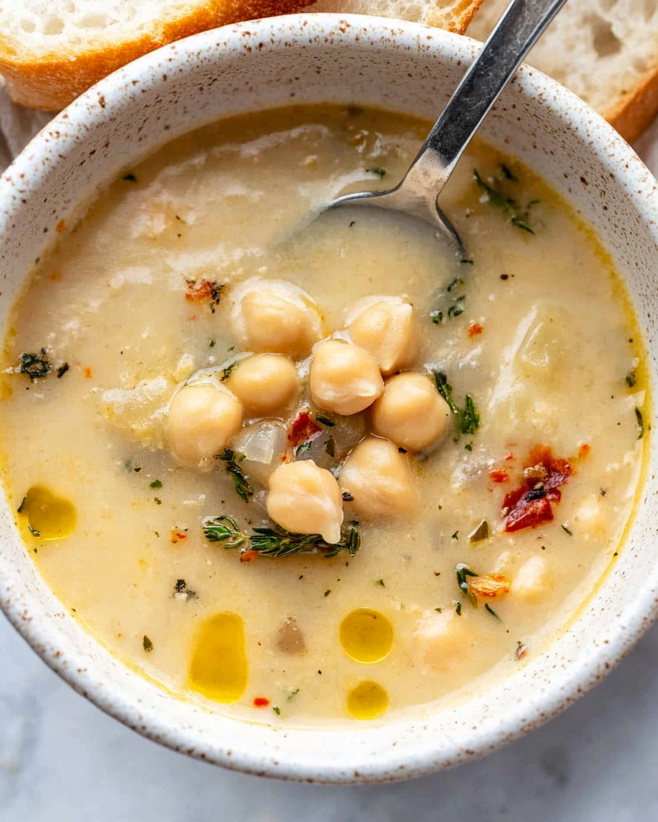 Top view of a bowl and a spoon full of garlic chickpea soup with chili flakes and dried herbs.