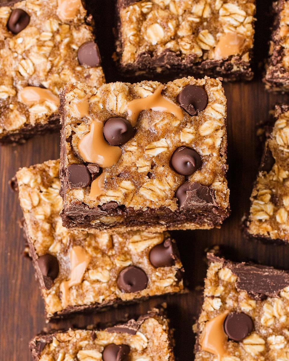 Chocolate Chip Peanut Butter Oatmeal Bars! An easy chocolate chip cookie bar recipe with peanut butter fudge sandwiched between an oatmeal cookie crumble layer, aka Oatmeal Dream Bars!