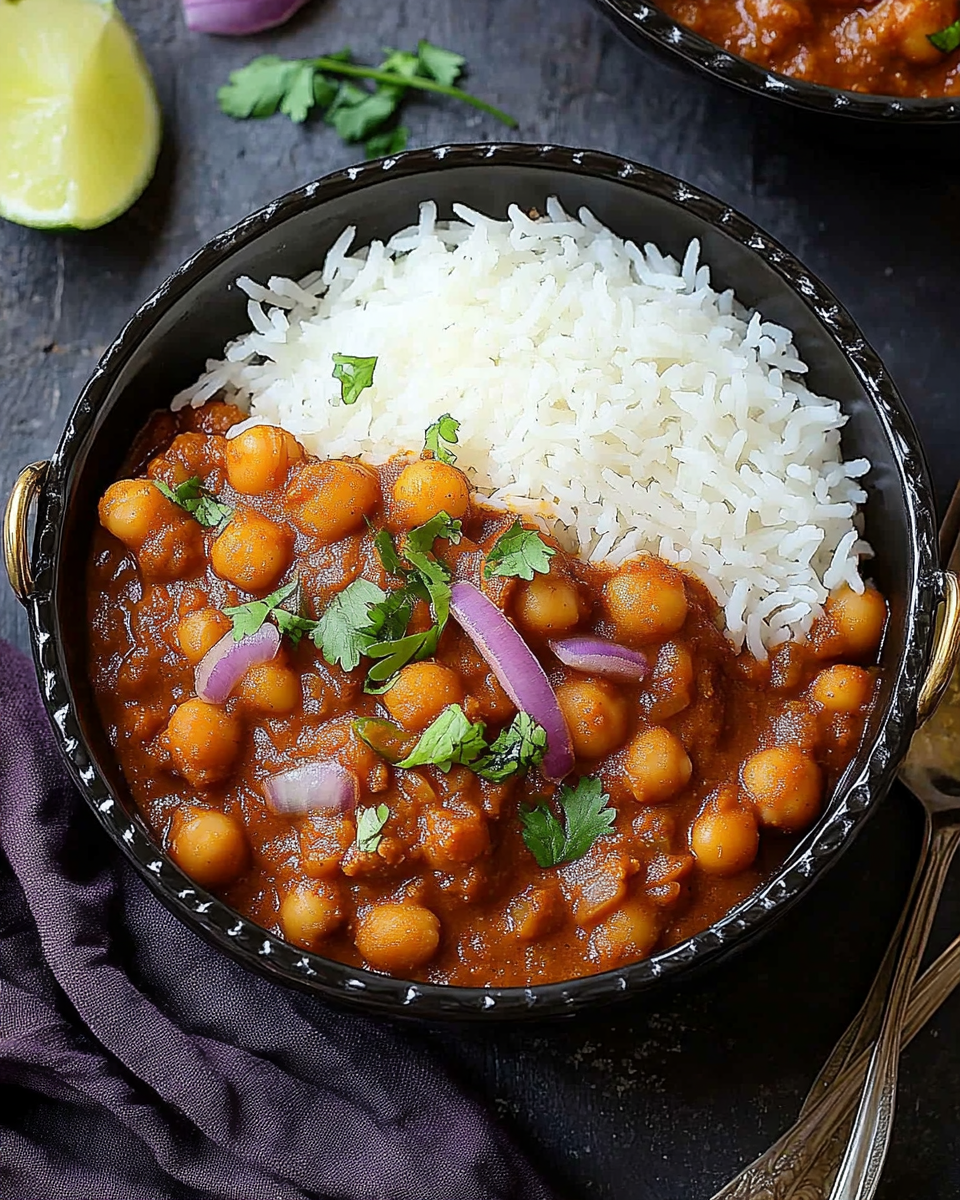 Chana masala served with basmati rice.