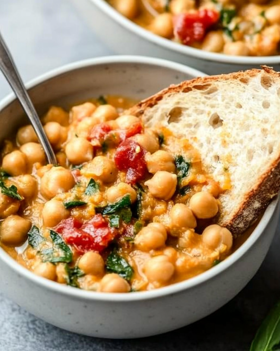 a piece of bread dunked in a bowl of Marry Me Chickpeas