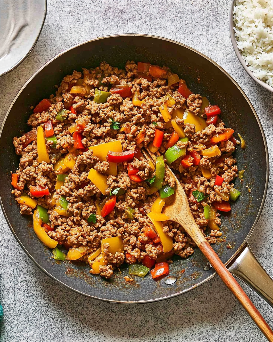 A skillet of cooked ground turkey and bell peppers on a counter with a bowl of white rice on the side